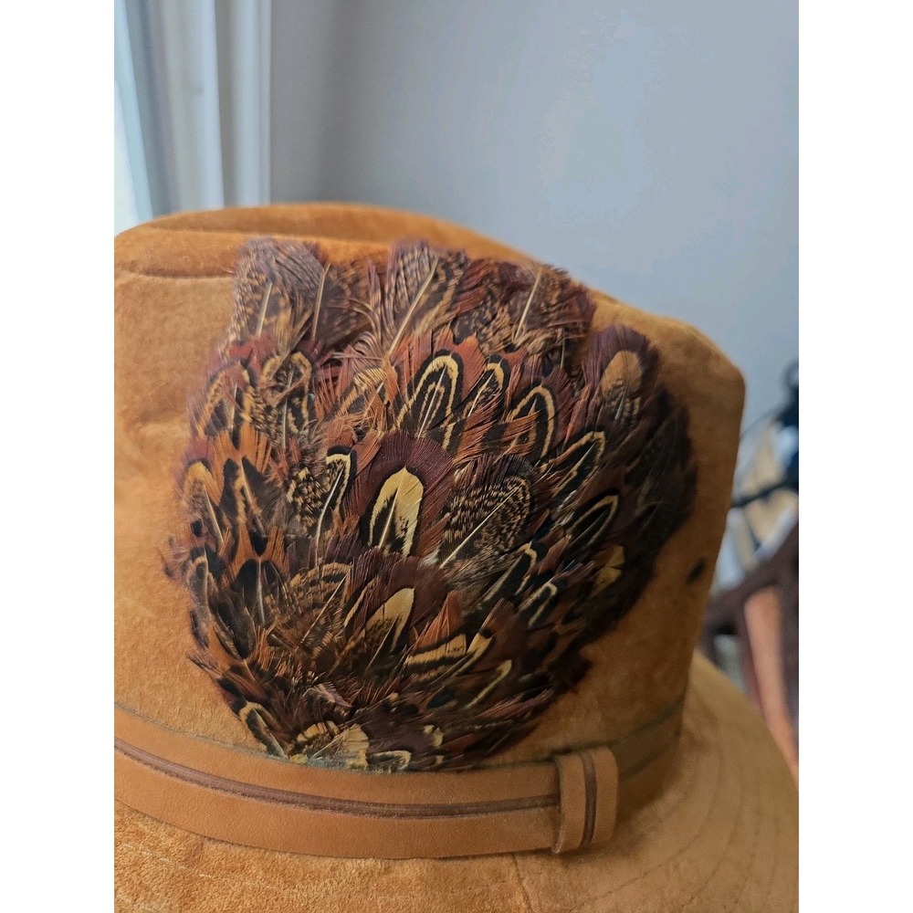Vintage Suede Fedora Hat Pheasant Feather Trim USA Made Boho Western - Picture 11 of 11